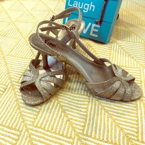 GUC. Gold soft glitter kitten heel shoes.